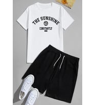 Unisex Sunshine Baskılı Şort Takım (Beyaz)