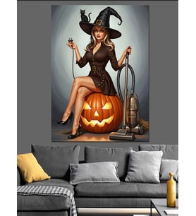 Cadı Kız Balkabağı Halloween Dekoratif Kanvas - Mdf Ahşap Tablo
