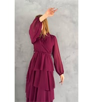Neşeli butik kadın astarlı eteği kat kat şifon elbise NBKKLF2041 (Bordo)