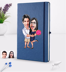 BK Gift Kişiye Özel Sevgililer Karikatürlü Karikatürlü Lacivert Termo Deri Defter 16x24cm Model 108