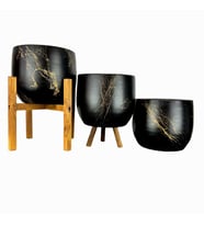 Bitki Tasarımı Ev Dekorasyon Aksesuar Siyah Üzeri Gold Mermer Efektli Toprak Saksı Saksılık Salon Çiçeklik Üçlü Set- 19 CM
