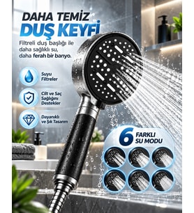 Büyük Panelli 6 Farklı Su Modlu Filtreli Duş Başlığı Siyah Metalik Tasarım