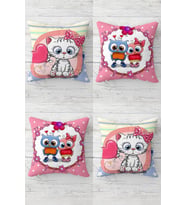 Sevimli Kedi ve Baykuşlar Desenli Gizli Fermuarlı Kırlent Kılıfı Koltuk Yastık Kılıfı Takım(4ADET) (Mavi-Pembe)