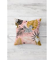Zebra Ve Tropikal Desen Çift Tarafı Baskılı Gizli Fermuarlı Yastık Kılıfı Kırlent Yastık Kılıfı (Pembe)