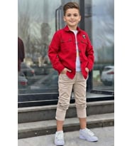 Erkek Çocuk Sırt Baskılı ÇıtÇıt Düğmeli Kırmızı Gömlek Dar Kesim Pantolon Alt Üs