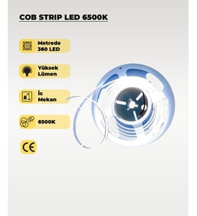 12V COB Şerit Led Beyaz Işık  - Metrede 360 Led - 5 Metre