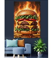 Alevler İçinde Dev Çiftli Hamburger Dekoratif Kanvas - Mdf Ahşap Tablo