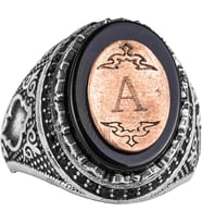Kişiselleştirilebilir Monogram Oniks Taşlı Yüzük - 925 Ayar Gümüş Kişisel Yüzük Erkekler İçin