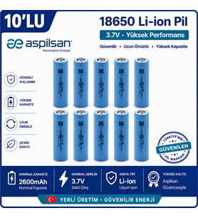 Aspilsan 18650 2600mAh 3.7V Li-ion Şarjlı Pil 10'lu Paket INR18650A28 Orijinal Lityum İyon Batarya Powerbank, E-Bisiklet ve Robot Projeleri İçin