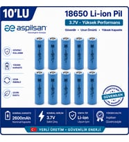 Aspilsan 18650 2600mAh 3.7V Li-ion Şarjlı Pil 10'lu Paket INR18650A28 Orijinal Lityum İyon Batarya Powerbank, E-Bisiklet ve Robot Projeleri İçin