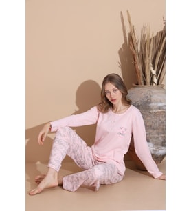 Lindros Kadın Pamuk'lu Düğme Yaka Raporlu İnterlok KIŞLIK Pijama Takımı 05033 - 1 Adet (Pembe)