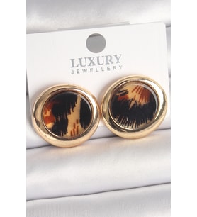 Pirinç Gold Renk Leopar Desen Daire Model Kadın Küpe 5886 - HPSBYI6544-6019