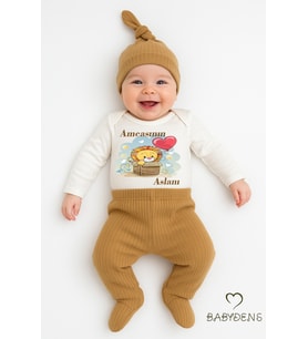 BABYDEN'S Amcasının Aslanı Yazılı 3’lü Bebek Takımı Uzun Kollu Çıtçıtlı Body,Fitilli Patikli Pantolon Şapka Set (Beyaz - Kahverengi)