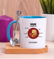 Kişiye Özel Başak Burcuna Hediye Ahşap Altlıklı Mavi Kupa Bardak
