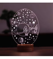 3 Boyutlu Uzay Temalı Hediye Astronot Satürn Gece Lambası Ahşap Taban