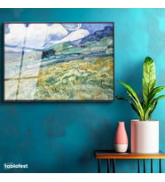 Siyah Renk Metal Çerçeveli Tamperli Cam Tablo Van Gogh Buğday Tarlası Yokuş Yukarı Ressam Tablosu Duvar Dekoru