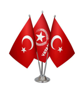 Masa Üstü Vatan Partisi Bayrağı Türk Bayrağı Üçlü Krom Direk Masa Bayrak Seti