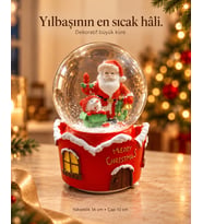 Noel Baba ve Kardan Adam Figürlü Ev Tasarımlı Yılbaşı Kar Küresi – 16 cm
