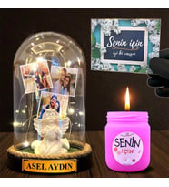 Kişiye Özel Led Işıklı Fanus ve Mis Kokulu Mum Hediye Seti (Model 2)