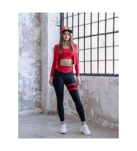 Bacağı Çift Kırmızı Şeritli Siyah Ekstra Yüksek Bel Toparlayıcı Spor Tayt