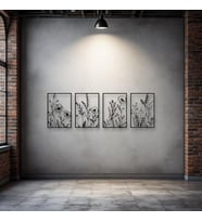 Doğal Çiçek Desenli 4 Parça Metal Duvar Dekoru – Modern Minimalist Sanat Seti (Siyah)