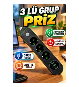 Akım Korumalı 3'lü Priz 3 USB Girişli Anahtarlı Siyah Uzatma Prizi 2 Metre Kablo