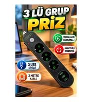 Akım Korumalı 3'lü Priz 3 USB Girişli Anahtarlı Siyah Uzatma Prizi 2 Metre Kablo
