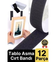 Ultra Güçlü İz Bırakmaz Çivisiz Tablo Çerçeve Asma Kendinden Yapışkanlı Siyah Cırt Bant 12'li Set