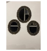 Dekoratif Polyester Üçlü Otantik Çiçek Desenli Ayna Takımı Gold Siyah Eskitme