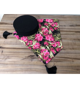 SİYAH ZEMİN FUŞYA ÇİÇEK DESENLİ RUNNER & SUPLA (Krem)