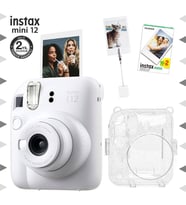 Instax mini 12 Beyaz Fotoğraf Makinesi-20'li Film-Kıskaçlı Resim Standı ve Simli Pleksi Kılıf Seti