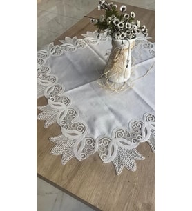 Kayla Kreme Gümüş Fransız Dantel Detaylı Kare Sehpa Örtüsü 88x88 cm Zarif Model