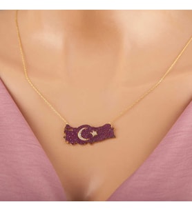 925 Ayar Gümüş Gold Ay Yıldız Türkiye Haritası Kadın Kolye