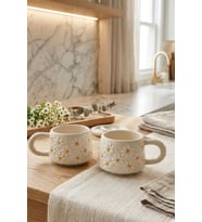 evinbizden Papatya Desen El Dekorlu 2'li Kupa Set Seramik Kabartma Papatya Desen Kupa/Mug/Fincan Çiçek Desenler