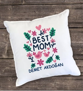 Best Mom Çiçekli Yastık (Beyaz)