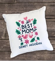 Best Mom Çiçekli Yastık (Beyaz)