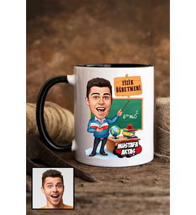 Erkek Fizik Öğretmenine Hediye Karikatürlü Siyah Kupa Bardak