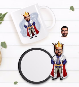 BK Gift Kişiye Özel Kral Karikatürlü Beyaz Kupa ve Ahşap Bardak Altlığı Hediye Seti-1