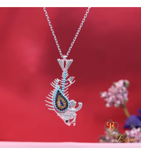 Turkuaz Taşlı Nazar Boncuklu Pirana İskeleti Gümüş Kolye