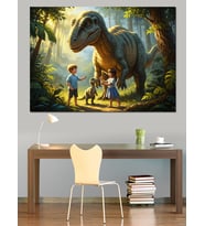 Doğada Yürüyen Dev Dinozor T-Rex Dekoratif Kanvas - Mdf Ahşap Tablo