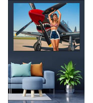 Vintage Uçak Ve Pin Up Kızı  Dekoratif Kanvas - Mdf Ahşap Tablo