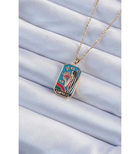 316L Çelik Zincir Altın Renk Taç ve Kız Figürlü Renkli Mineli Tarot Kolye - TJ-BKO9229