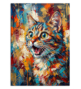 Renkli Pop Art Şaşkın Kedi Dekoratif Kanvas - Mdf Ahşap Tablo