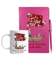 Sevgililer Gününe Özel Pembe Defter Kalem & Kupa Hediye Seti 9