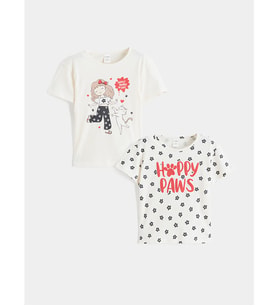 LCW Kids Ekru Baskılı Kız Çocuk Tişört 2'li