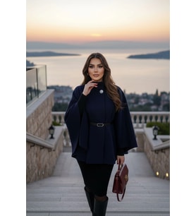 Gold Detaylı Kaşe Pelerin Panço 6100 (Lacivert)