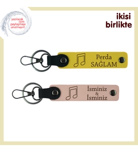 Müzik Notasıyla Özelleştirilmiş 2’li Hediye, Kişisel Deri Anahtarlık Seti, Sarı-Yavru Ağzı