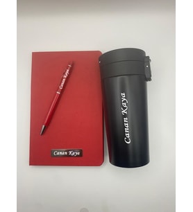 İsme Özel Kırmızı Defter Kalem Ve Termos Seti