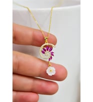 Papatya Silver 925 Ayar Gümüş Pembe Taşlı Tasarım Sedef Manolya Çiçeği Kolye (Gold)