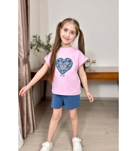 Kız Çocuk Göğsünde Dantel İşleme Kalp Detaylı Pembe T-Shirt Beli Lastikli Şortlu